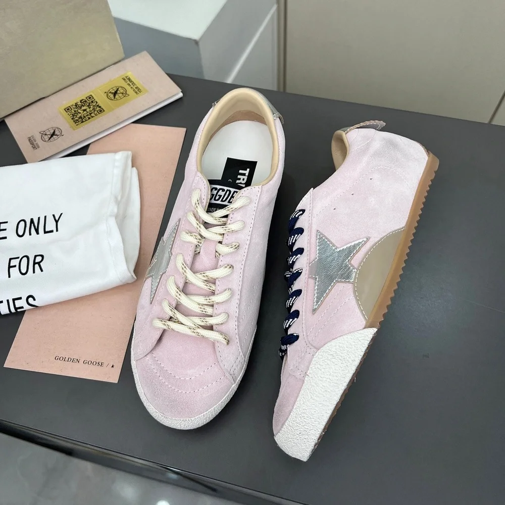 Golden Goose Pink Suede Sneakers with Navy Laces